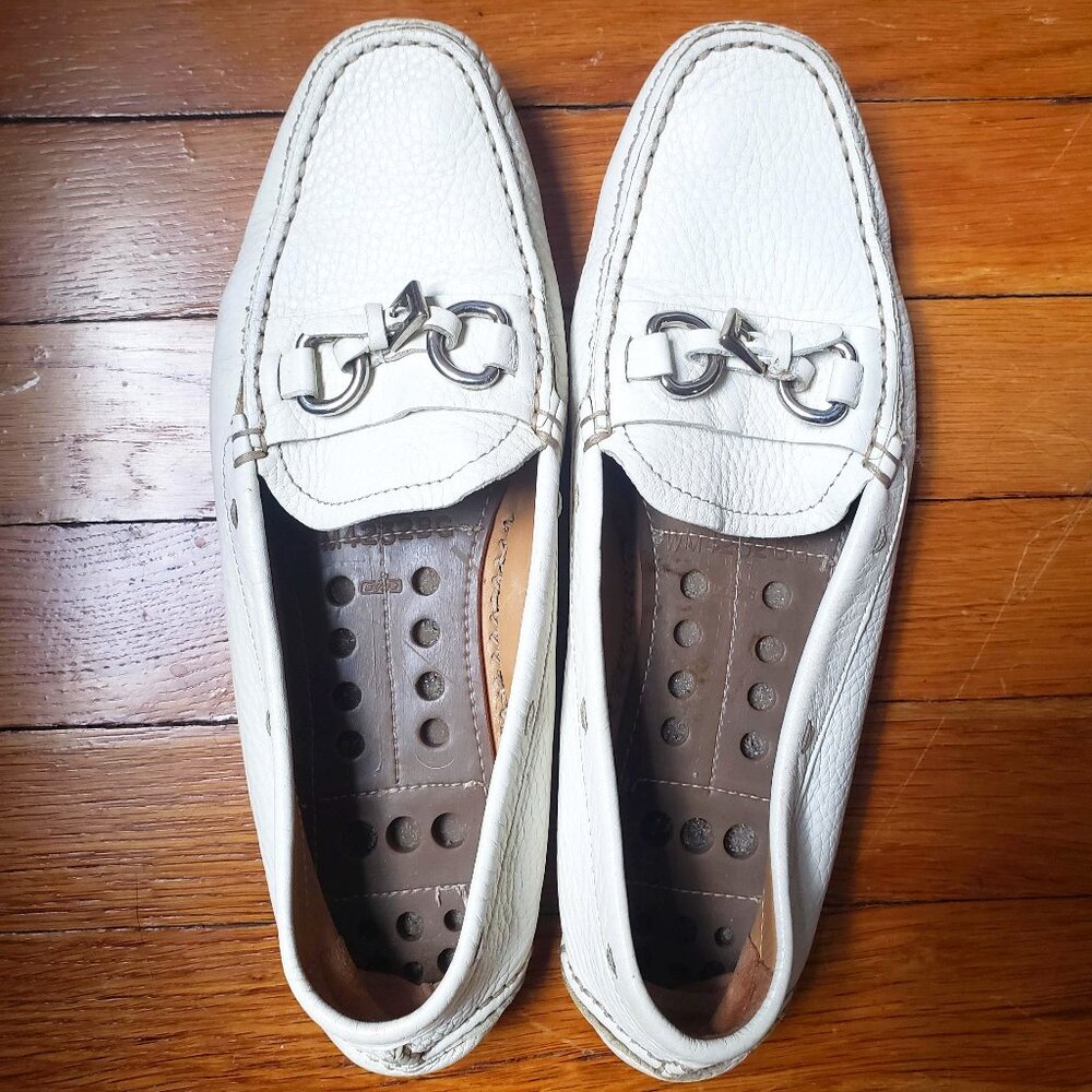 White Leather PRADA Loafers Driving Shoes with Silver Buckle